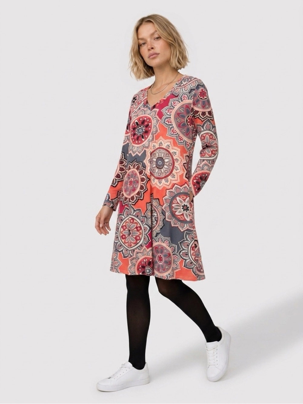 V-Neck Long-Sleeve A-Line Dress in Coral and Gray Floral Medallion